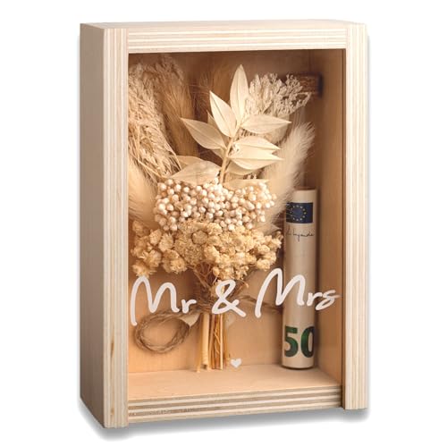 Geldgeschenk Hochzeit, Hochzeitsgeschenke für Brautpaar, Geldgeschenke für Brautpaare, Holzbox + Trockenblumen + Reagenzglas, Mr und Mrs , Verlobung, Hochzeitstag, Hochzeitsgeschenk Geld