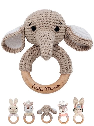 wunderwunsch® - Personalisierter Beißring Baby - Niedlicher Greifling für Baby's ab 0 Monate - Babyrassel mit Name als Baby Geschenk für Mädchen und Jungen (Elefant,mit Gravur)