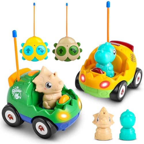 Love&Mini Ferngesteuertes Auto für Kleinkinder – 2er-Pack Dinosaurier-RC-Autos für Kinder ab 1 Jahr, Spielzeugautos mit LED-Lichtern und Musik