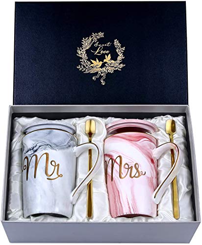 Hochzeitsgeschenke für Brautpaar, Mr und Mrs Geschenk für Braut und Bräutigam, Jubiläumsgeschenk,geschenk weihnachten,Kaffeetassen Tassen Set Keramik Marmor 14 Oz für Hochzeit, Verlobungen, Geburtstag