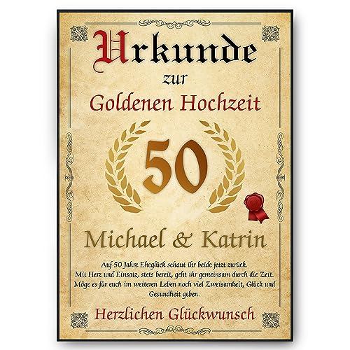 Personalisierte Urkunde zum 50. Hochzeitstag Geschenk zur Goldenen Hochzeit | Goldhochzeit Karte Personalisiert mit Namen | 50. Jahrestag Geschenkidee Deko DIN A4